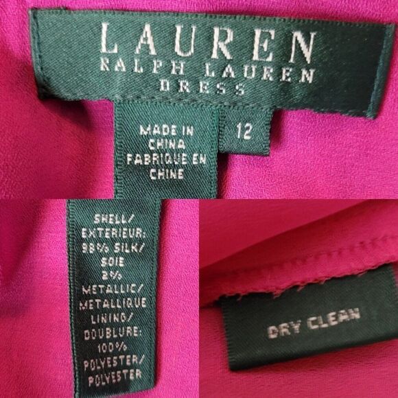 Vintage Lauren Silk Midi Dress 12 Pink Purple Paisley Sheer Square Neck Pleated - Picture 3 of 10